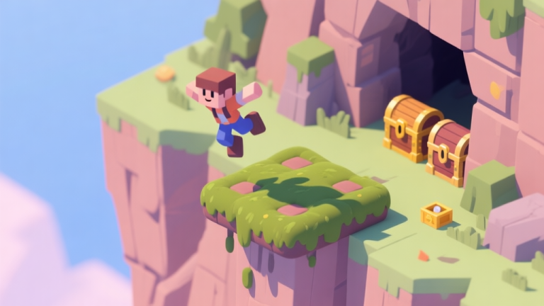 自动生成图片: A stylized, isometric video game scene showing a character safely landing on a soft, mossy crash pad after jumping from a tall cliff, with treasure chests visible in a hidden cave nearby, soft game art style, pastel colors high quality illustration, detailed, 16:9