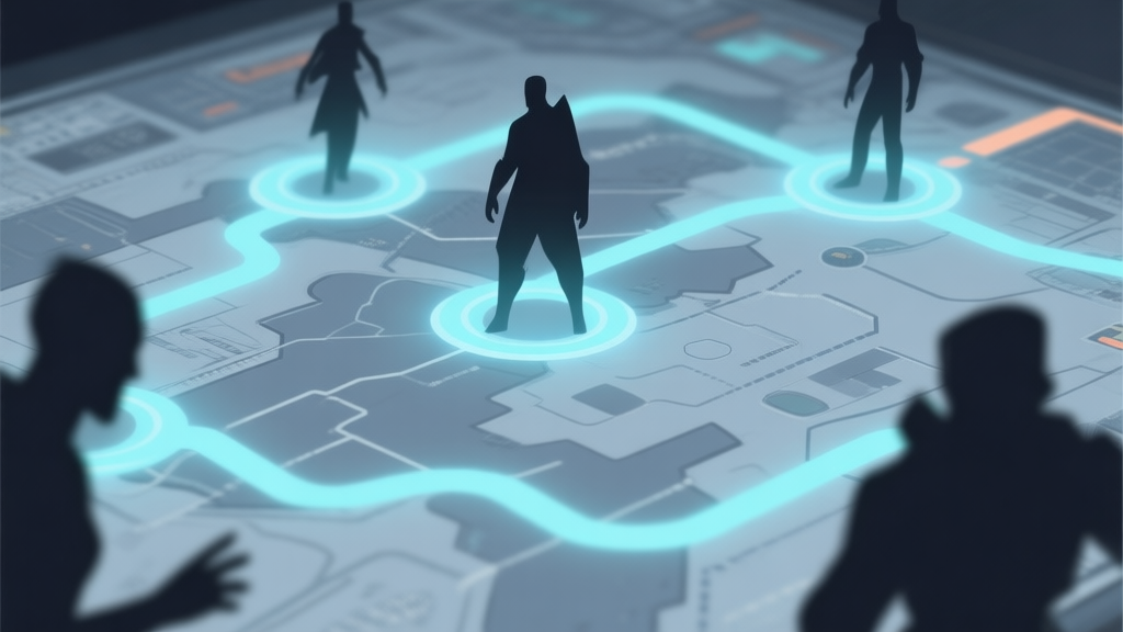 A dynamic, minimalist composition showing abstract character silhouettes on a tactical game map, with soft glowing lines representing control zones and movement paths, muted blue and grey color scheme, strategic gaming concept high quality illustration, detailed, 16:9