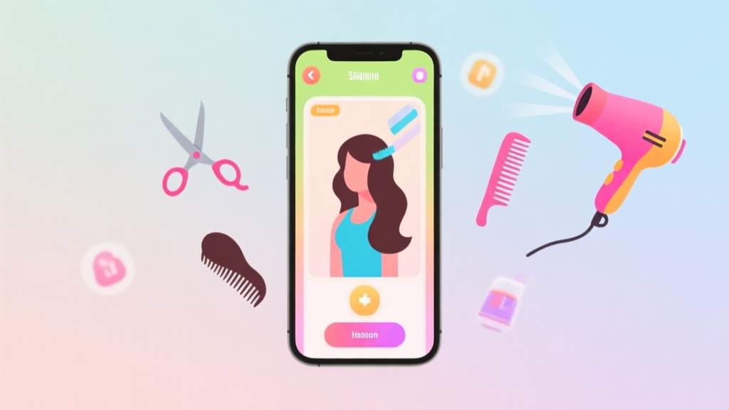 A minimalist smartphone screen showing a vibrant, colorful hair salon game interface, placed on a soft pastel background, with subtle icons of scissors, combs, and hair dryers floating around, clean and inviting digital illustration style high quality illustration, detailed, 16:9