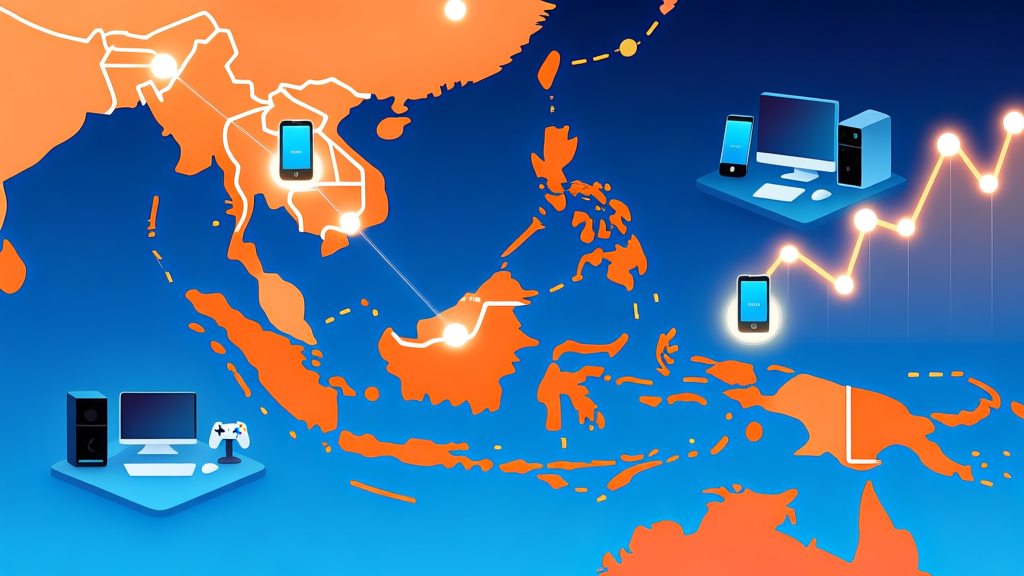 A dynamic digital landscape map showing connections between mobile devices, PC setups, and console controllers, with rising trend lines and glowing nodes in Indonesia, soft gradient of blue and orange, modern infographic style high quality illustration, detailed, 16:9