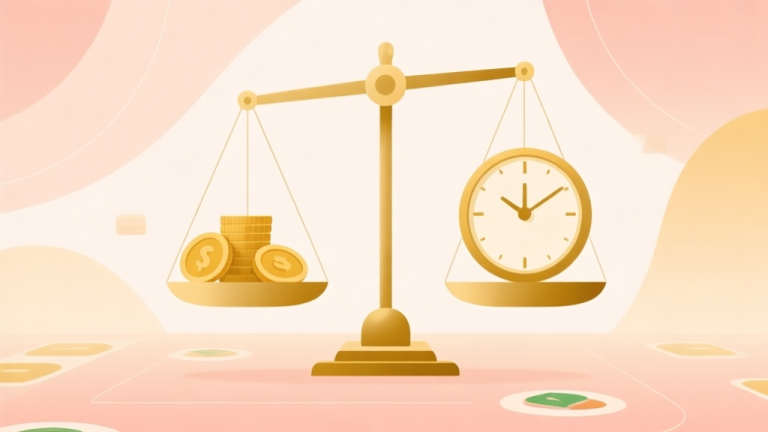 自动生成图片: A minimalist abstract illustration of a game economy ecosystem, showing a balance scale with coins on one side and a clock on the other, soft gold and pastel color palette, clean lines, digital art style high quality illustration, detailed, 16:9