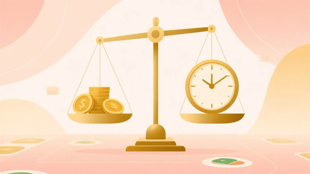 A minimalist abstract illustration of a game economy ecosystem, showing a balance scale with coins on one side and a clock on the other, soft gold and pastel color palette, clean lines, digital art style high quality illustration, detailed, 16:9