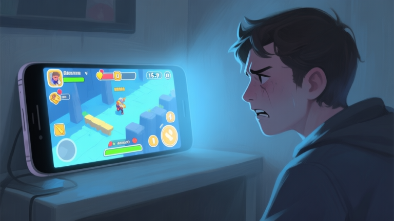 自动生成图片: A frustrated gamer looking at a bright mobile game screen showing a challenging level, soft glow from the screen illuminating their face in a dim room, muted color palette with blues and grays, digital painting style with soft textures high quality illustration, detailed, 16:9