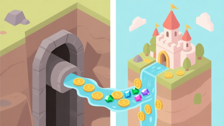 自动生成图片: A split-screen illustration showing a minimalist mining shaft on one side and a tiny fantasy kingdom on the other, connected by a flowing stream of coins and gems, soft earth tones and pastel blues, clean isometric design high quality illustration, detailed, 16:9