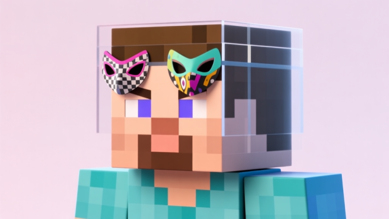 自动生成图片: A minimalist 3D illustration of a Minecraft character head with multiple transparent layers, showing a default skin underneath and various stylish mask designs overlaying it, soft pastel background, clean and modern digital art style high quality illustration, detailed, 16:9