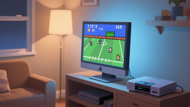 自动生成图片: A cozy, softly lit room with a modern monitor displaying pixelated graphics of a classic football video game, a PlayStation 2 console sits beside it, warm nostalgic atmosphere, muted color palette with soft blues and browns high quality illustration, detailed, 16:9
