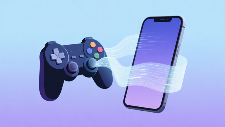 自动生成图片: Abstract illustration showing a fusion of a classic game controller and a modern smartphone screen, with soft data streams flowing between them, on a gradient background of muted blues and purples, minimalist and clean design high quality illustration, detailed, 16:9