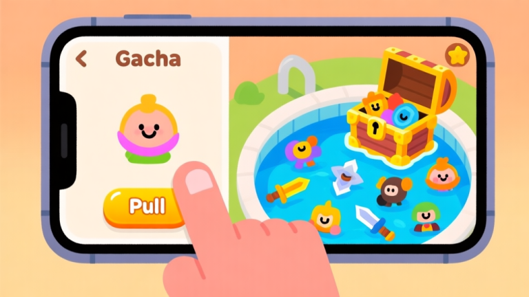 自动生成图片: A vibrant, friendly illustration for beginners, showing a smartphone screen with a simplified gacha game interface. On one side, a hand tapping a bright "Pull" button, and on the other side, a treasure chest (pool) overflowing with various stylized character and weapon icons. The style is cartoonish, clean, and uses a warm, inviting color palette. high quality illustration, detailed, 16:9