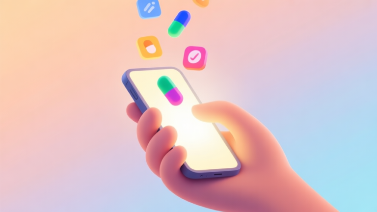 自动生成图片: Abstract illustration of a hand holding a glowing smartphone, with colorful capsules and icons floating upwards, set against a soft gradient background of warm and cool pastel tones, minimalist digital art style high quality illustration, detailed, 16:9