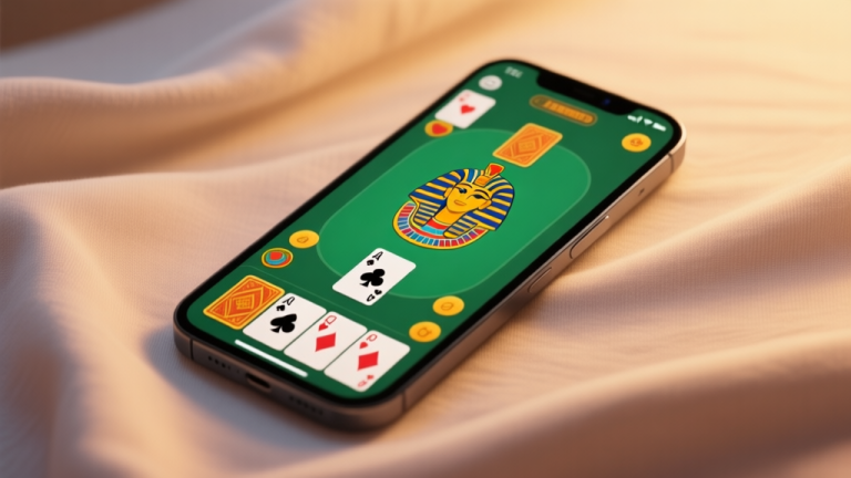自动生成图片: Modern smartphone screen displaying a vibrant solitaire game interface with Egyptian-themed cards, resting on a soft fabric background, minimalist composition with warm ambient lighting high quality illustration, detailed, 16:9