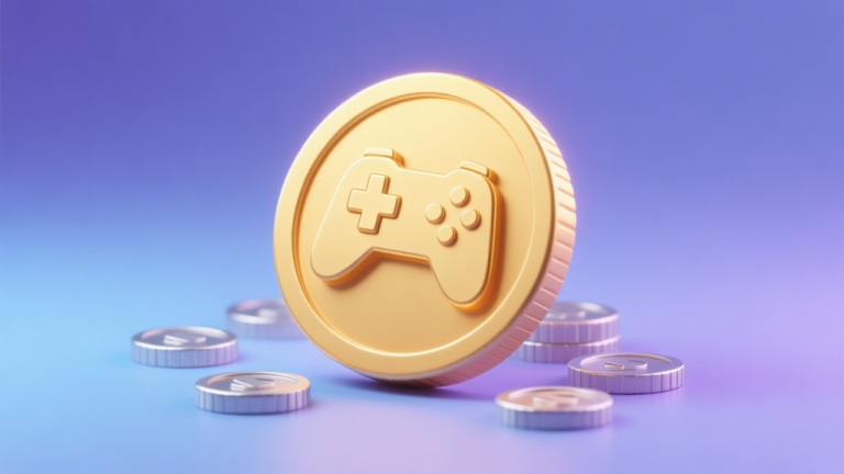 自动生成图片: A stylized, minimalist 3D render of a glowing golden coin with a game controller emblem etched on it, surrounded by smaller silver coins, on a soft gradient blue and purple background, digital art style high quality illustration, detailed, 16:9