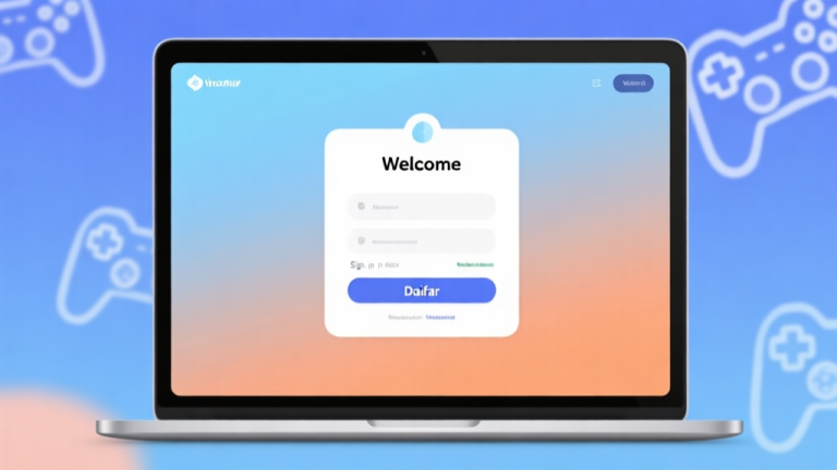 自动生成图片: A welcoming and modern digital interface on a laptop screen showing a simple sign-up form with a "Daftar" button, soft blue and orange gradient background, clean and friendly design, with subtle game controller icons in the background high quality illustration, detailed, 16:9