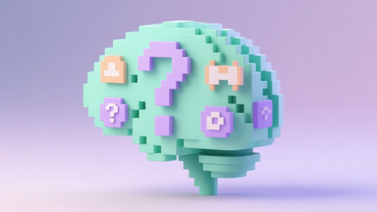 自动生成图片: A playful, abstract digital brain made of pixelated game icons and question marks, soft pastel colors like mint green and light purple, clean minimalist 3D render, on a soft gradient background high quality illustration, detailed, 16:9