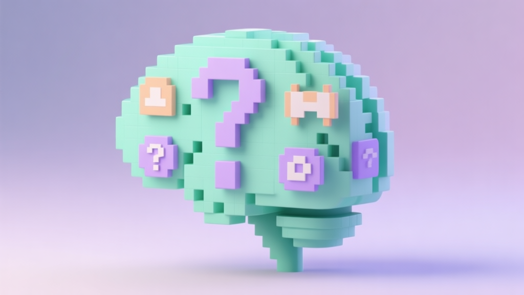A playful, abstract digital brain made of pixelated game icons and question marks, soft pastel colors like mint green and light purple, clean minimalist 3D render, on a soft gradient background high quality illustration, detailed, 16:9