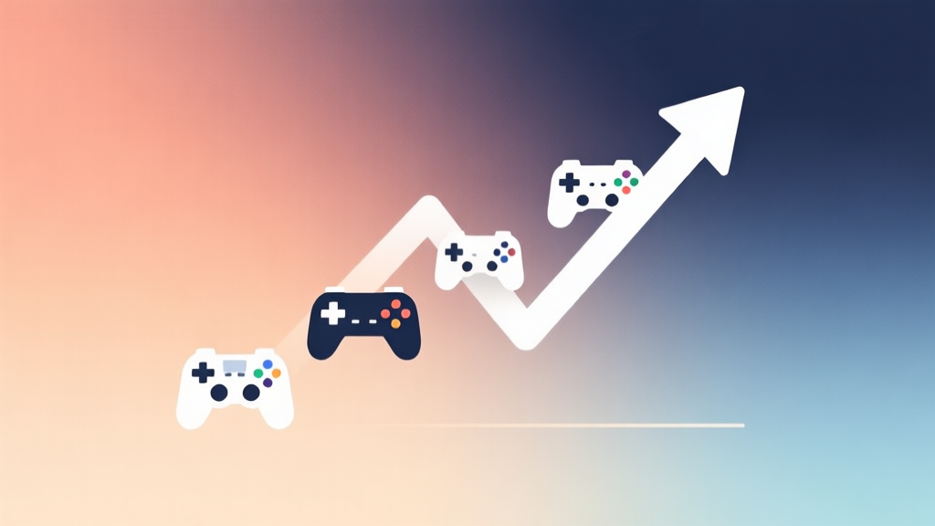 A minimalist abstract illustration showing a rising trend line merging with game controller icons, on a soft gradient background of warm and cool tones, clean and modern business infographic style high quality illustration, detailed, 16:9