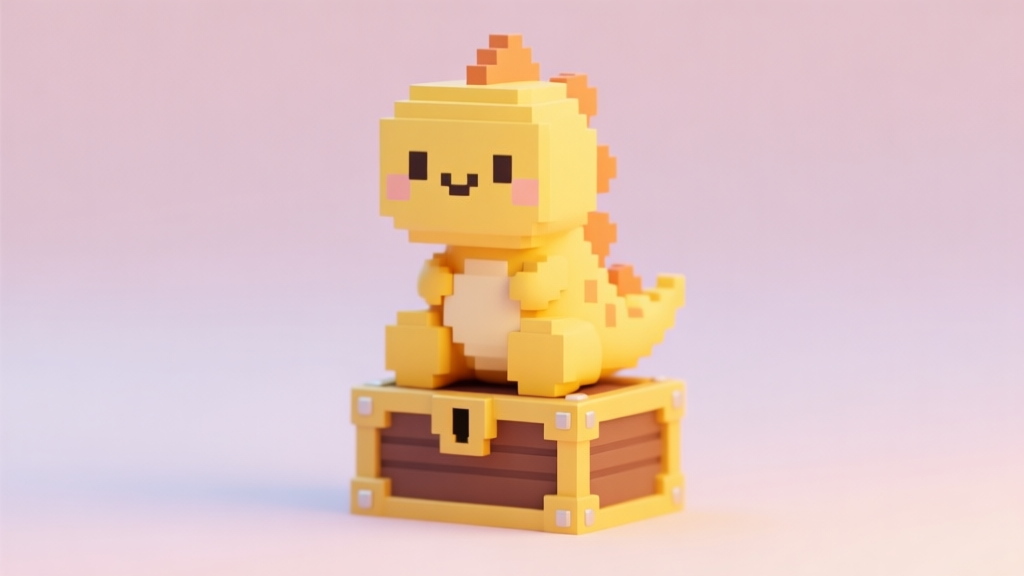 A cute, stylized yellow dinosaur character with pixel art style, sitting on a treasure chest, soft pastel background, gaming collectible concept, minimalist and friendly design high quality illustration, detailed, 16:9