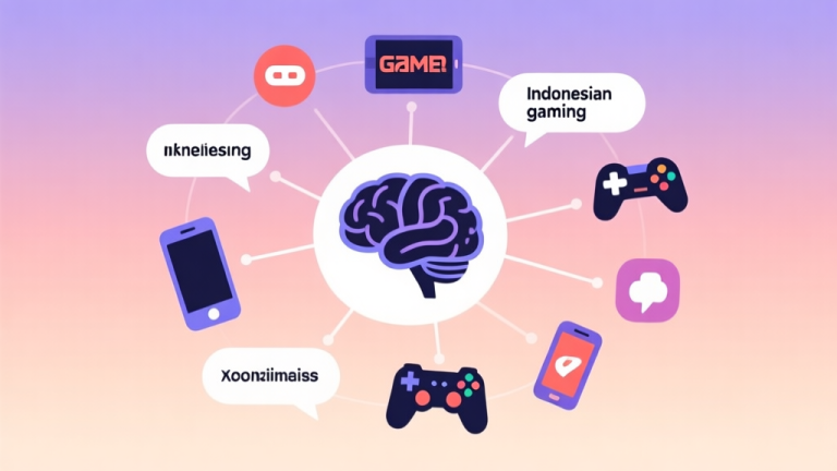 自动生成图片: A conceptual illustration of a gamer's mind map, with a central brain icon connected to various game-related icons like mobile phones, controllers, and speech bubbles containing popular Indonesian gaming slang, on a soft gradient background high quality illustration, detailed, 16:9