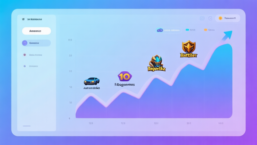 Abstract data visualization showing rising trend lines for game genres, with icons representing auto-battler and roguelike genres, soft gradient background in blues and purples, clean modern dashboard style high quality illustration, detailed, 16:9