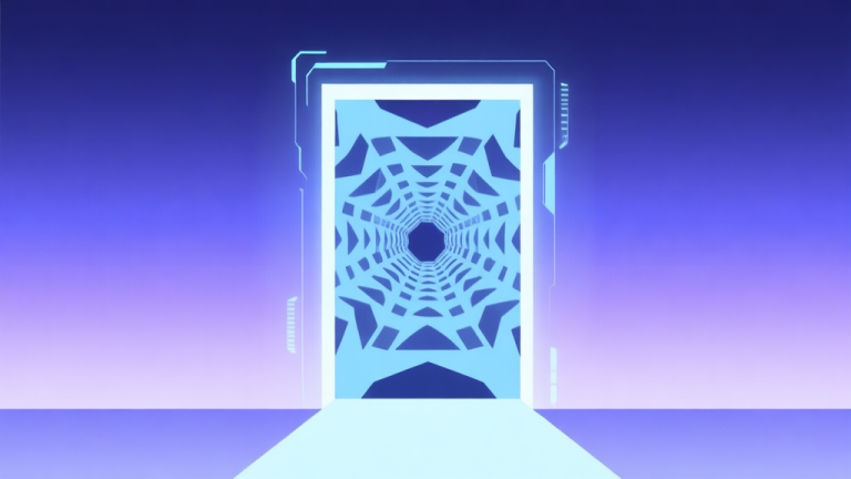 自动生成图片: Abstract illustration of a digital gateway or portal opening into a complex, endless geometric fractal, soft blue and purple gradient background, minimalist design, representing a game phase transition high quality illustration, detailed, 16:9