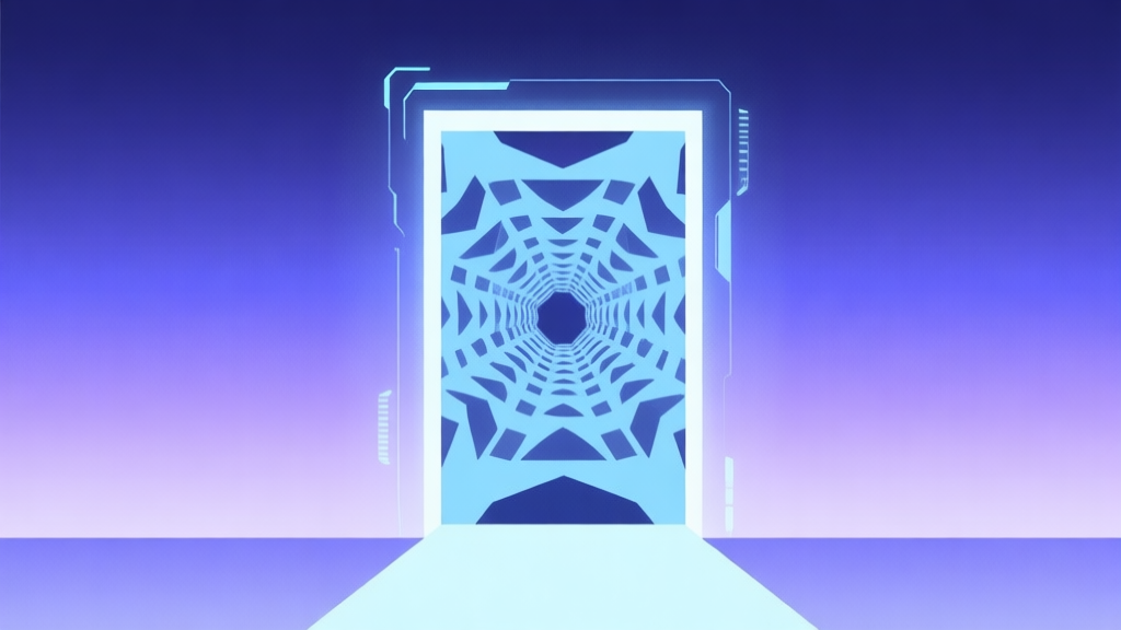 Abstract illustration of a digital gateway or portal opening into a complex, endless geometric fractal, soft blue and purple gradient background, minimalist design, representing a game phase transition high quality illustration, detailed, 16:9