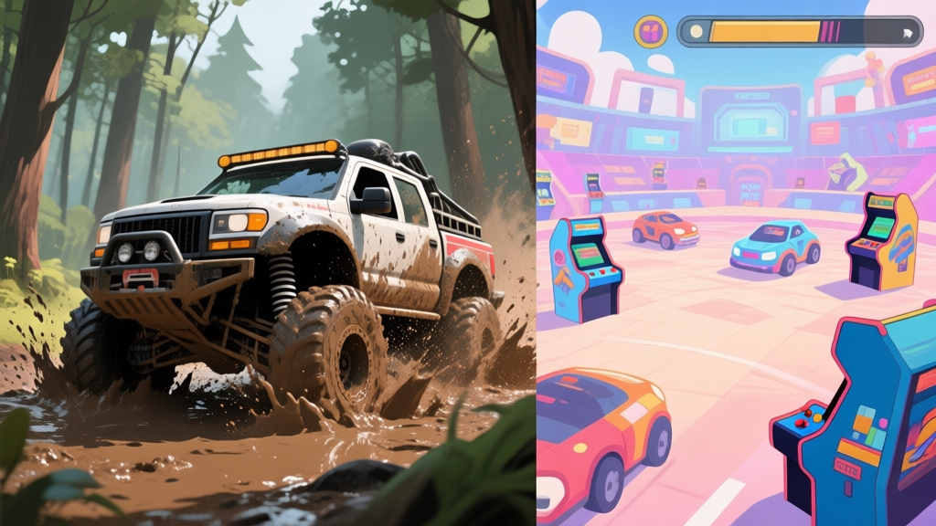 A split-screen illustration showing contrasting game scenes: one side features a highly detailed, realistic offroad truck splashing mud in a forest, the other side shows a stylized, vibrant battle arena with multiple arcade-style vehicles, soft color palette, digital art style high quality illustration, detailed, 16:9