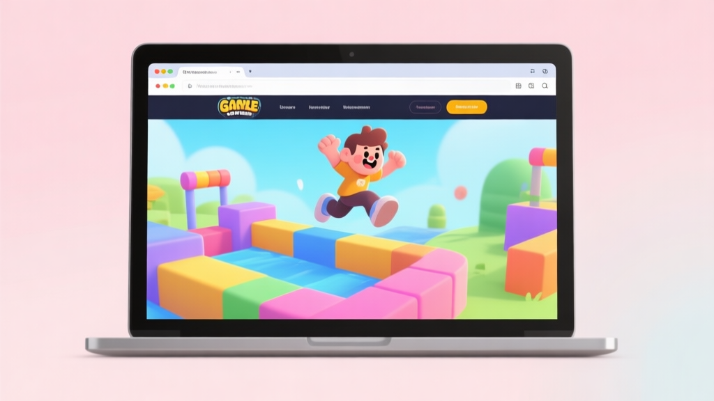 A playful and colorful digital illustration showing a laptop screen with a web browser open to a gaming site, a cartoon character about to jump into a vibrant obstacle course, soft pastel background, clean and inviting composition high quality illustration, detailed, 16:9