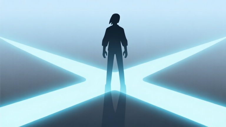 自动生成图片: A minimalist, abstract illustration of a game character silhouette standing at a crossroads of glowing paths, representing choice and identity in gaming, soft blue and grey gradient background, clean lines high quality illustration, detailed, 16:9