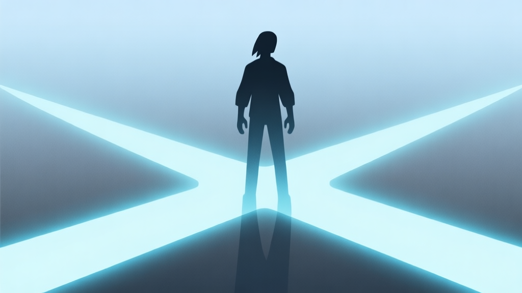A minimalist, abstract illustration of a game character silhouette standing at a crossroads of glowing paths, representing choice and identity in gaming, soft blue and grey gradient background, clean lines high quality illustration, detailed, 16:9