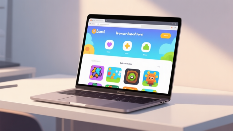 自动生成图片: A modern laptop screen displaying a colorful and inviting browser-based game portal interface, with simple icons and game thumbnails, set on a clean desk with soft lighting, minimalist style high quality illustration, detailed, 16:9