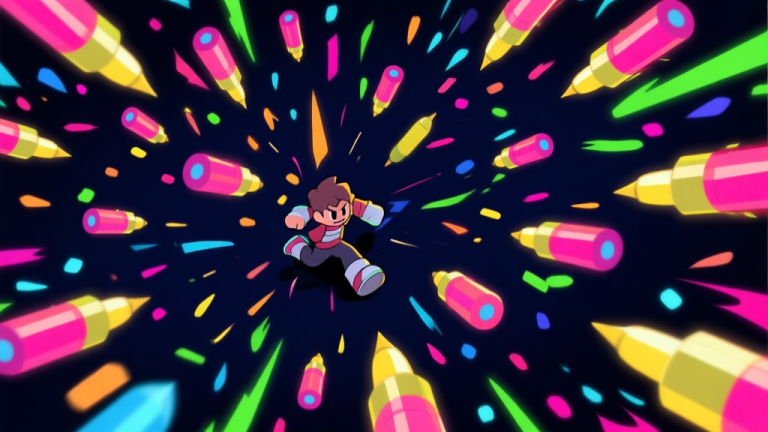 自动生成图片: Dynamic video game scene with a small character dodging a colorful barrage of bullet patterns, top-down perspective, vibrant neon particles, dark background, action-packed and chaotic yet clear visual style high quality illustration, detailed, 16:9