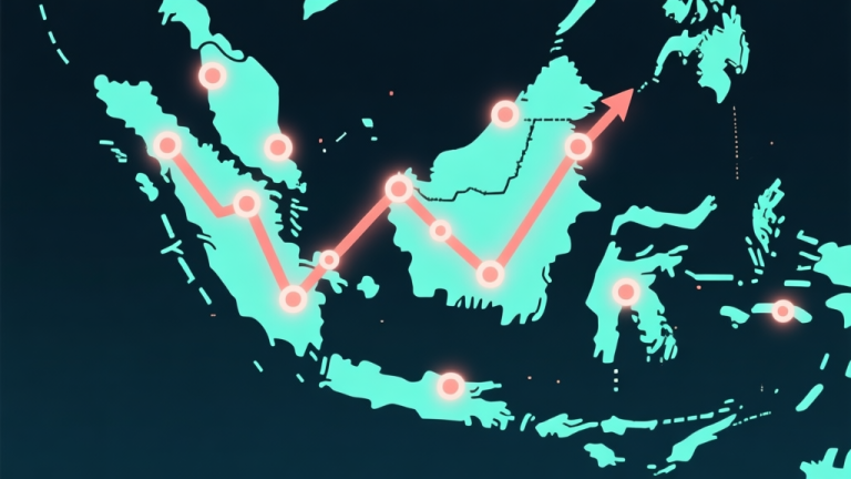 自动生成图片: Abstract map of Indonesia with glowing connection nodes and rising graph lines in soft teal and coral colors, representing gaming community growth and trends, minimalist digital illustration high quality illustration, detailed, 16:9