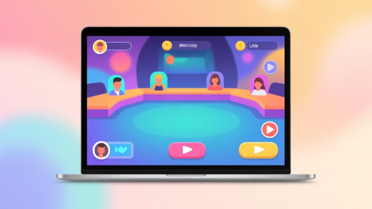 自动生成图片: A modern laptop screen displaying a vibrant, abstract game lobby interface with avatars and play buttons, set against a soft, blurred background of warm and cool pastel gradients, minimalist design high quality illustration, detailed, 16:9