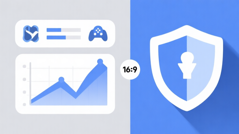 自动生成图片: A split-screen comparison illustration showing abstract icons representing different game genres, performance charts, and security shields, using a soft color palette of blues and grays, minimalist and clean design, suitable for a tech comparison article high quality illustration, detailed, 16:9