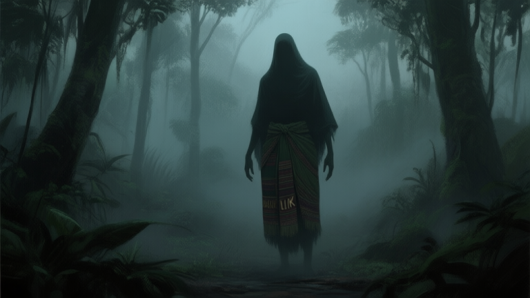 自动生成图片: A dark, atmospheric scene inspired by Indonesian folklore, showing a shadowy figure in a misty forest with traditional 'lurik' cloth, muted colors of dark green and grey, digital painting style, eerie and mysterious mood high quality illustration, detailed, 16:9