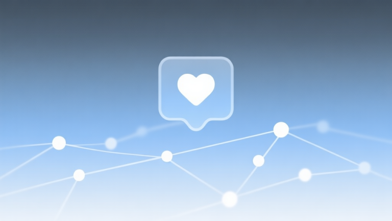自动生成图片: A minimalist digital interface showing a simple "like" or heart button hovering above a subtle network of interconnected dots and lines, soft blue and grey gradient background, clean and abstract illustration of social mechanics high quality illustration, detailed, 16:9
