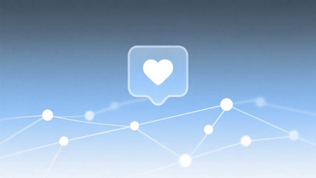 A minimalist digital interface showing a simple "like" or heart button hovering above a subtle network of interconnected dots and lines, soft blue and grey gradient background, clean and abstract illustration of social mechanics high quality illustration, detailed, 16:9