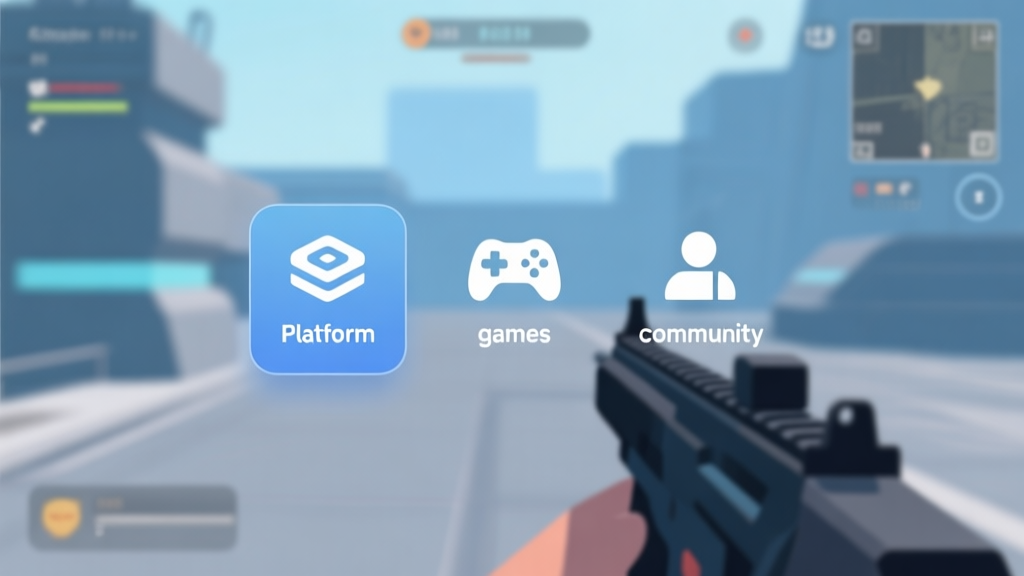 A modern, minimalist digital interface showing a blurred first-person shooter game scene in the background, with clear icons representing a platform, games, and community, using a soft color palette of blues and grays, clean and professional design high quality illustration, detailed, 16:9