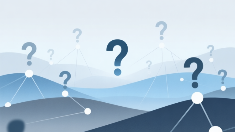 自动生成图片: Abstract digital landscape with question marks and connected nodes, soft blue and grey color scheme, modern minimal style, representing online mystery and community trends high quality illustration, detailed, 16:9