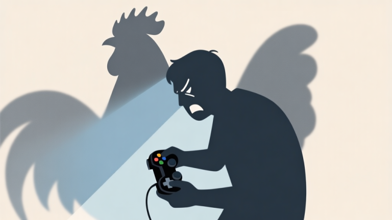 自动生成图片: Abstract illustration of a frustrated gamer with a game controller, shadowed by a large chicken silhouette, in soft muted tones of grey, blue and beige, minimalist style, conveying a sense of pressure and avoidance high quality illustration, detailed, 16:9