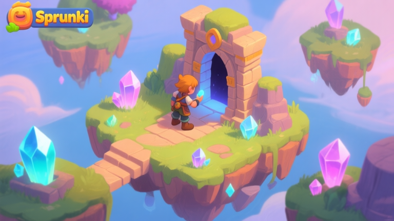 自动生成图片: A vibrant, isometric view of a new Sprunki game zone with floating islands, glowing crystals, and a character examining a mysterious ancient portal, soft fantasy color palette, digital painting style high quality illustration, detailed, 16:9