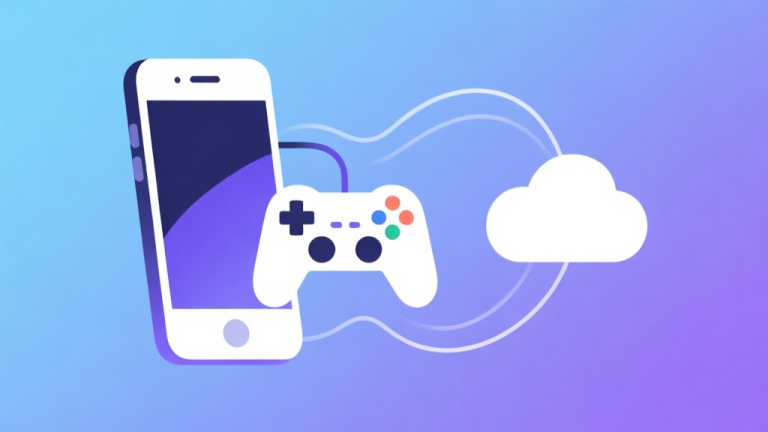 自动生成图片: A modern, minimalist illustration showing a smartphone, a game controller, and a cloud icon connected by flowing lines, on a soft gradient background of blue and purple, representing platform convergence high quality illustration, detailed, 16:9