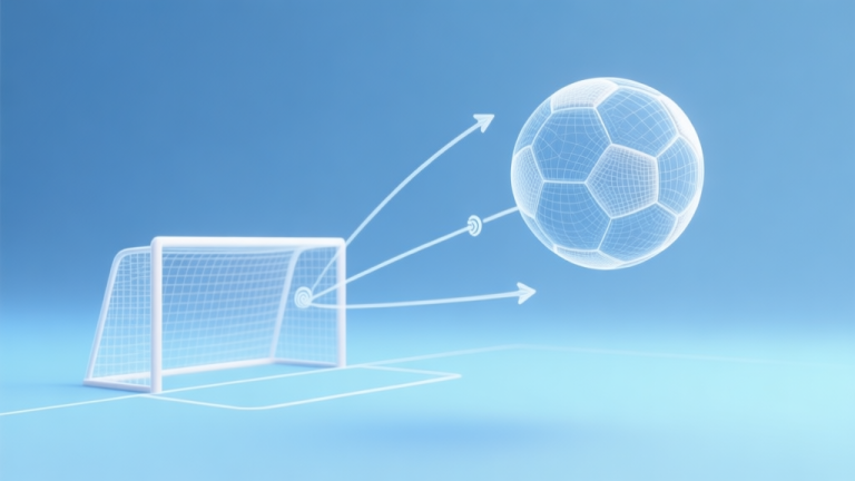自动生成图片: A 3D wireframe visualization of a soccer ball trajectory over a minimalist goal, showing vectors for power, spin, and angle, on a soft blue gradient background, clean infographic style high quality illustration, detailed, 16:9