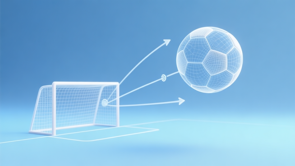 A 3D wireframe visualization of a soccer ball trajectory over a minimalist goal, showing vectors for power, spin, and angle, on a soft blue gradient background, clean infographic style high quality illustration, detailed, 16:9