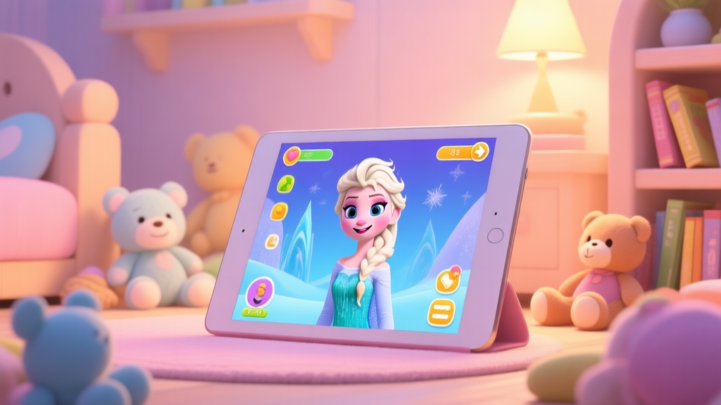 A cheerful and safe digital environment for children, showing a tablet with a friendly Frozen-themed game interface, surrounded by soft toys and books, warm lighting, pastel color palette, illustration style high quality illustration, detailed, 16:9