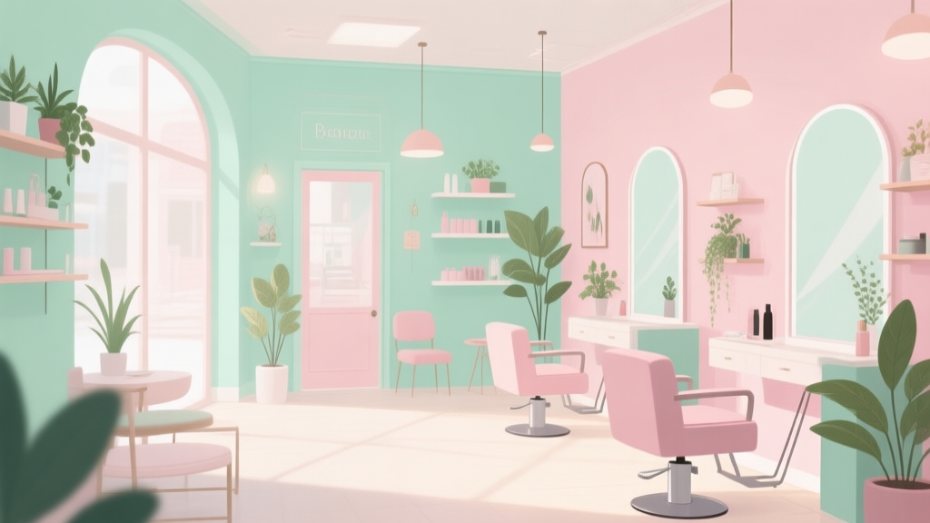 A cozy, inviting digital illustration of a charming boutique salon interior, soft natural lighting, pastel color palette of mint green and blush pink, decorative plants, minimalist furniture, clean and warm atmosphere high quality illustration, detailed, 16:9