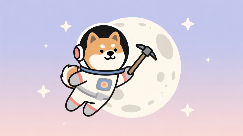 A minimalist digital illustration of a friendly cartoon Shiba Inu dog wearing a space helmet, floating near a stylized moon with a small pickaxe. Soft pastel background with stars, clean lines, playful yet professional style high quality illustration, detailed, 16:9