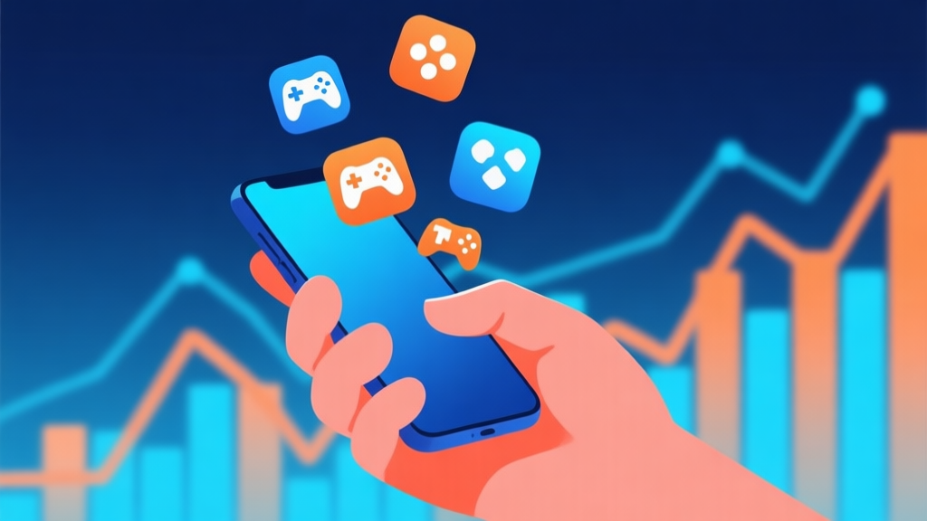 A vibrant digital collage showing a hand holding a mobile phone with game icons floating above, overlayed with subtle trend lines and bar charts in soft blues and oranges, modern minimalist design, representing gaming market trends high quality illustration, detailed, 16:9