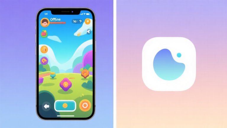 自动生成图片: A split-screen illustration showing a smartphone with vibrant game graphics on one side and a simple, serene offline mode icon on the other, soft gradient background, modern minimalist style high quality illustration, detailed, 16:9
