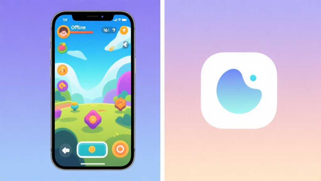 A split-screen illustration showing a smartphone with vibrant game graphics on one side and a simple, serene offline mode icon on the other, soft gradient background, modern minimalist style high quality illustration, detailed, 16:9