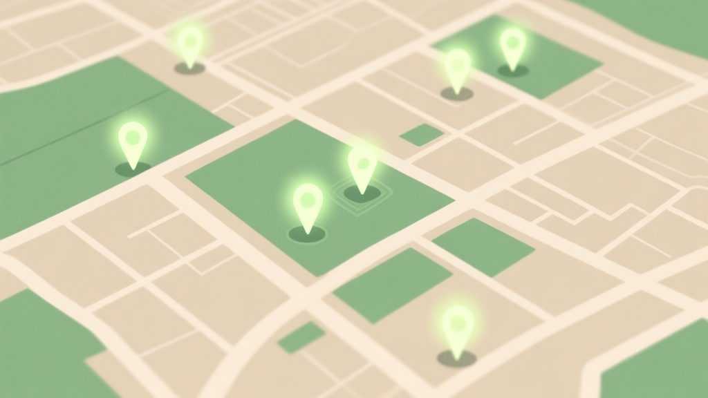 A top-down minimalist map illustration with subtle glowing markers on hidden locations, soft beige and green color palette, clean lines, strategic game planning concept high quality illustration, detailed, 16:9